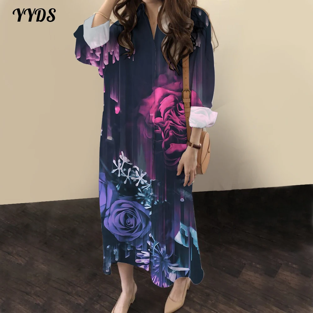 

Trendy Design Rose Pattern Print Long Dresses For Women 2023 Autumn Full Sleeve Shirt Dress Female Lapel Single Breasted Robe