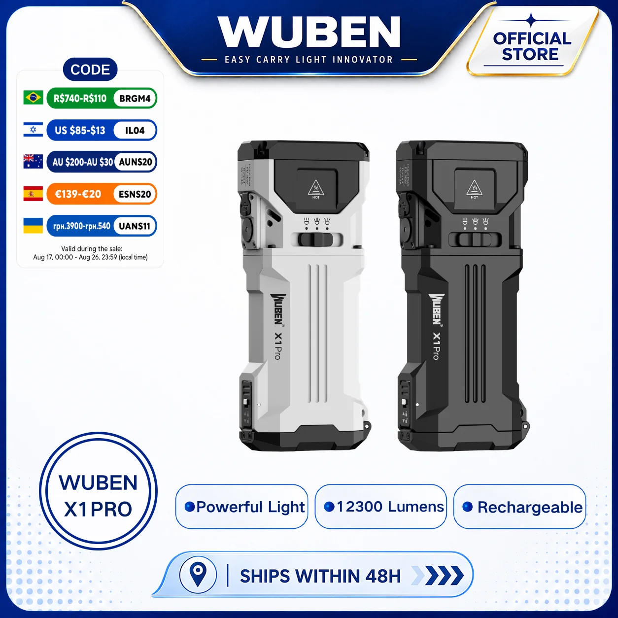 Wuben X1 Pro 12300 Lumens EDC Flashlight, 9600mAh Power Bank 30W Fast Charging, Flood/Throw Beam, IP65, Bike Mount Ready