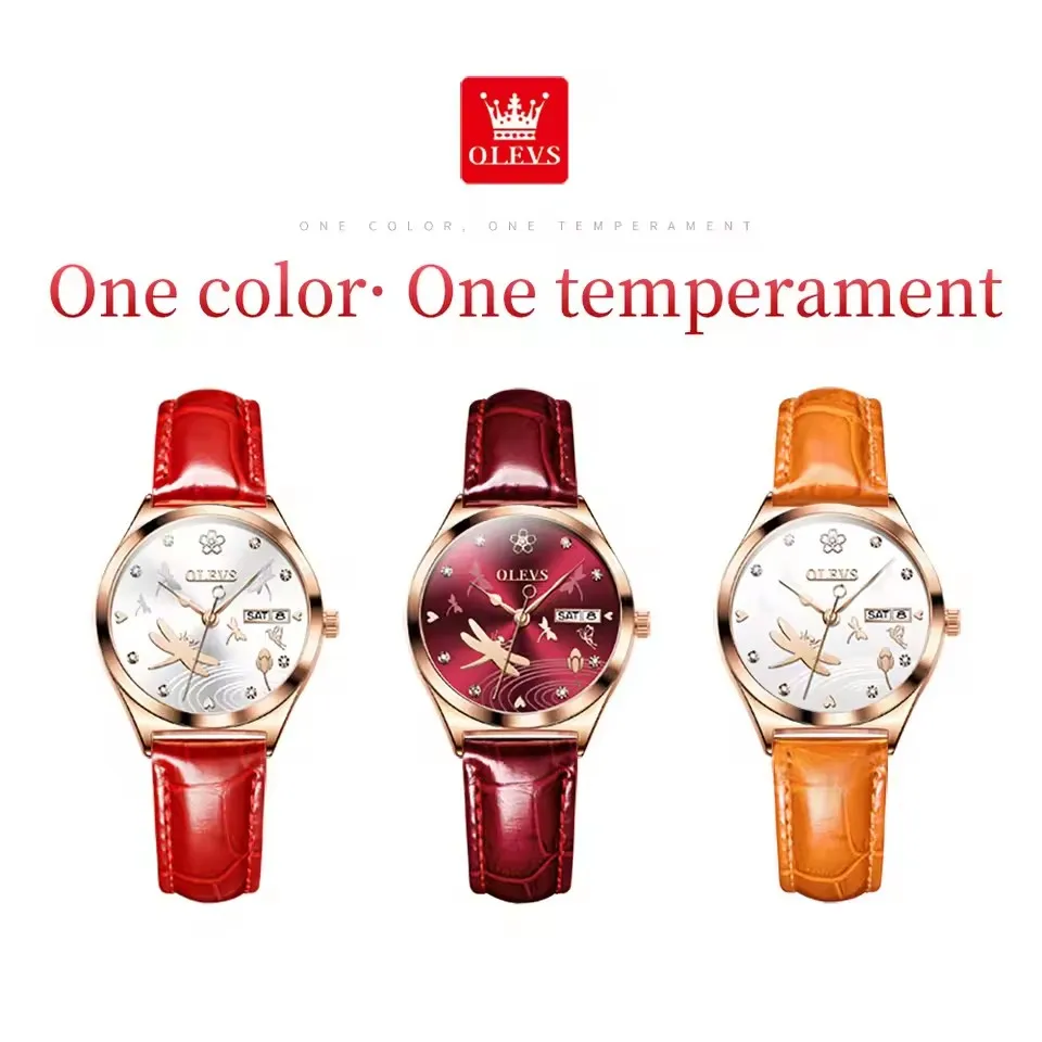 OLEVS 6611 Dual Calendar Mechanical Watch for Women Original Top Brand Leather Hand Clock Lady Waterproof Woman Automatic Watch