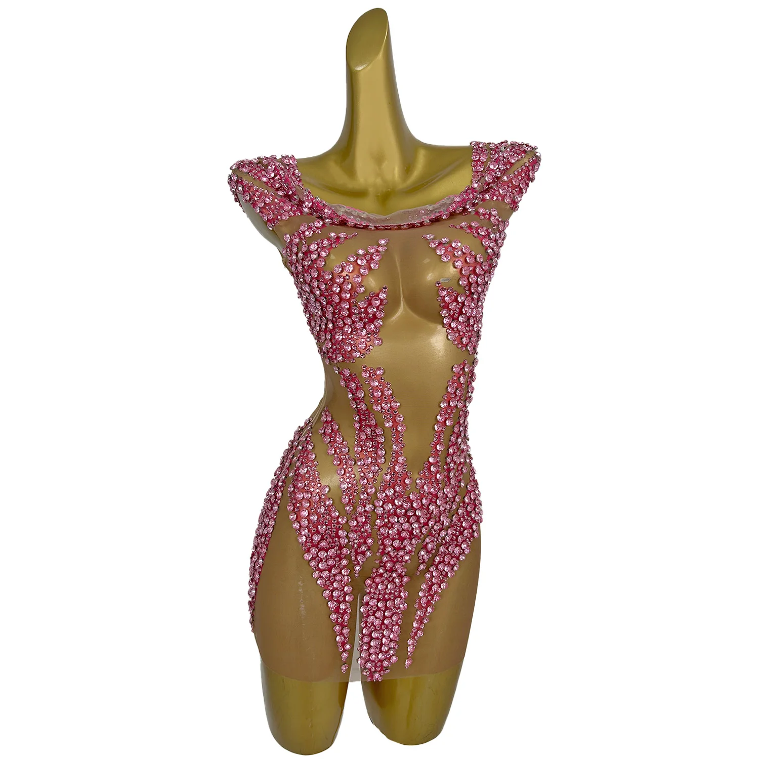 Abito da palcoscenico sexy elegante scintillante con strass rosa, abito da donna, cocktail party, spettacolo, costume da servizio fotografico Xuelian