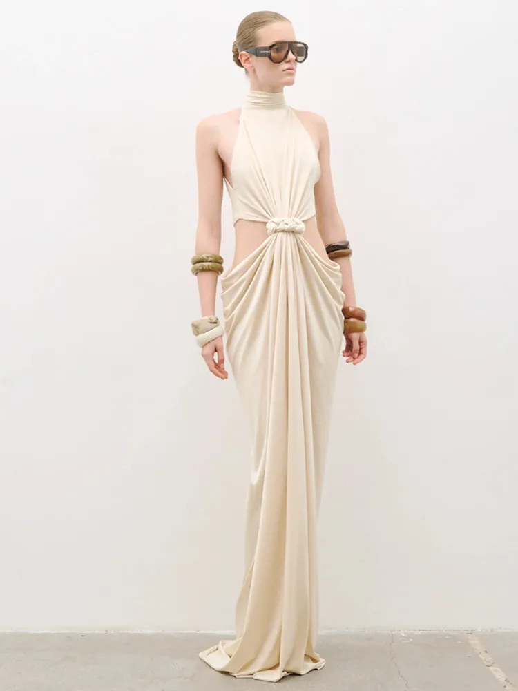 Vrouwen beroemdheid sexy uitgesneden beige gedrapeerde maxi lange jurken jurk 2025, elegante avondfeest club vestido