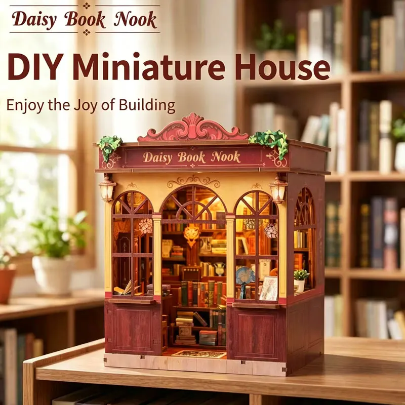 DIY Wooden Doll House Miniatures House Model with Furniture Handmade Bookends Bookshelf Insert Home Decor for Xmas Birthday Gift