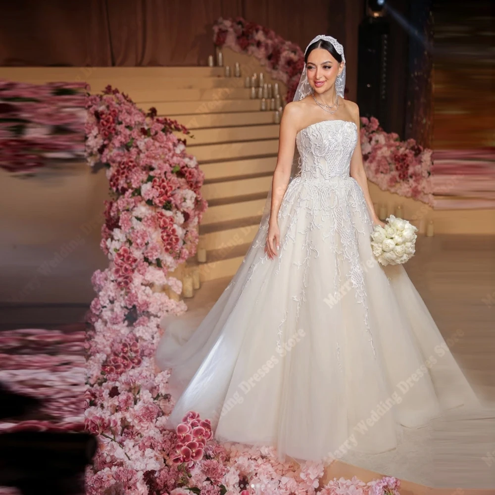 

Elegant Sleeveless A-Line Women Wedding Dresses Sexy Lace Printing Bridal Gowns Princess Banquet Prom Robes De Mariée Customized