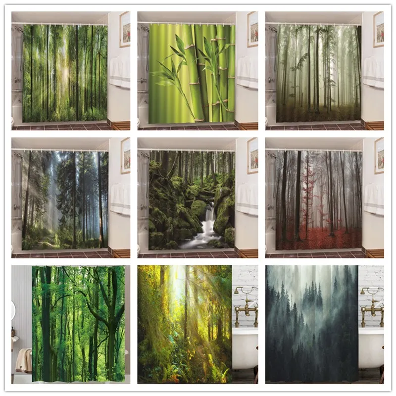 

Misty Forest Nordic Style Shower Curtains Set With Hooks Waterproof Green Natural Landscape Home Decoration Bathroom Curtain New
