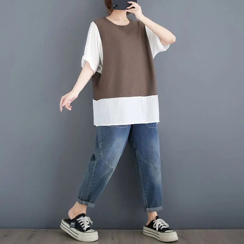 Top da donna finto in due pezzi a contrasto lavorato a maglia e lino manica corta vestibilità ampia casual comoda camicetta multicolore quotidiana estiva