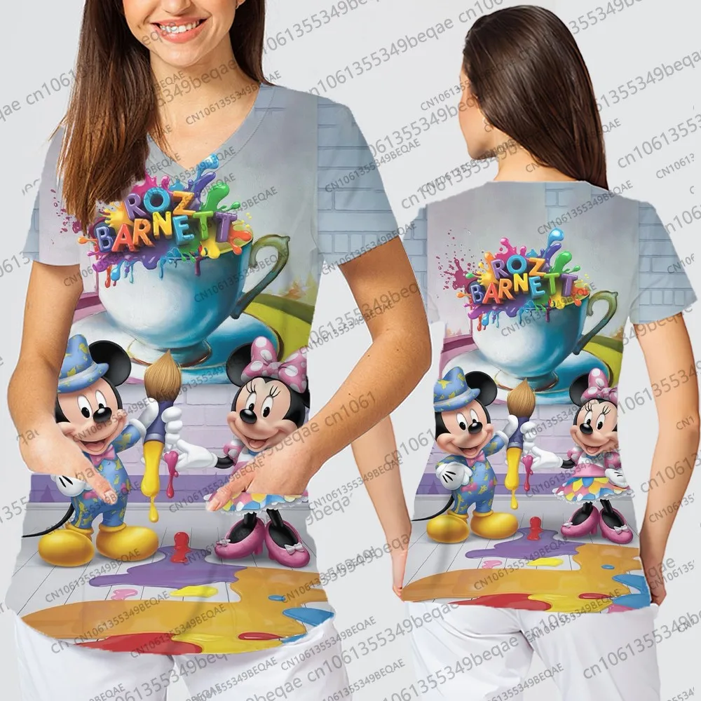 Y2k نمط تي شيرتات قصيرة الاكمام المرأة الكرتون الجرافيك القمم خمر مستوحاة بلايز عادية للسيدات الخامس الرقبة فضفاض ممرضة موحدة