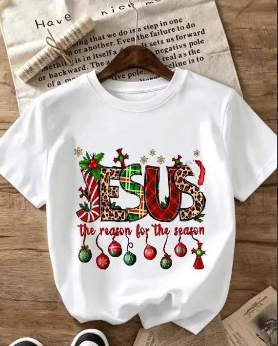 Jesus The Reason For The Season Shirt Christian Christmas Women T-Shirt Faith Graphic Printed Holiday Party Tops Short Sleeve Casual White Tee