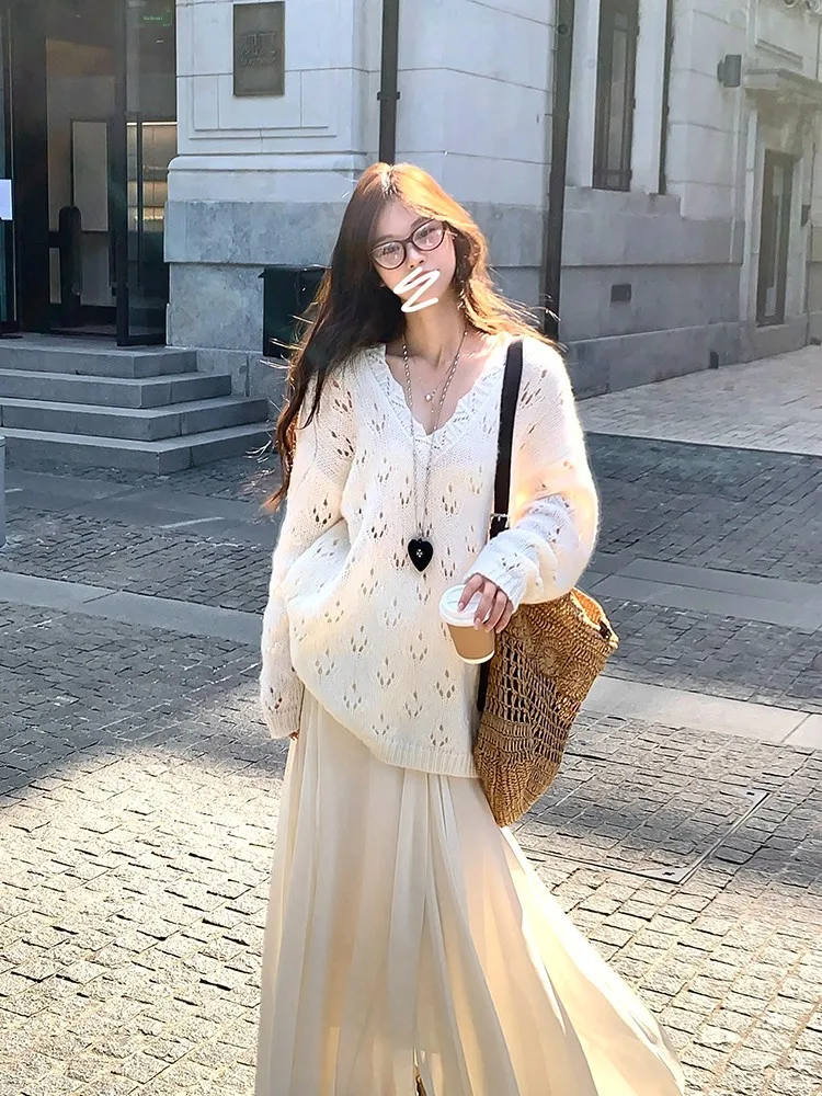 

Adan ажурный вязаный шерстяной свитер с V-образным вырезом, повседневный длинный осенний топ для женщин, удобный свободный слей, моющийся