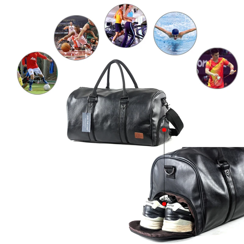 Bolso de gimnasio para hombre, bolso de cuero PU para Fitness, viaje, bolsillo para zapatos, bolso de equipaje, bolso de moda, bolso de hombro, bolso deportivo lateral para marido