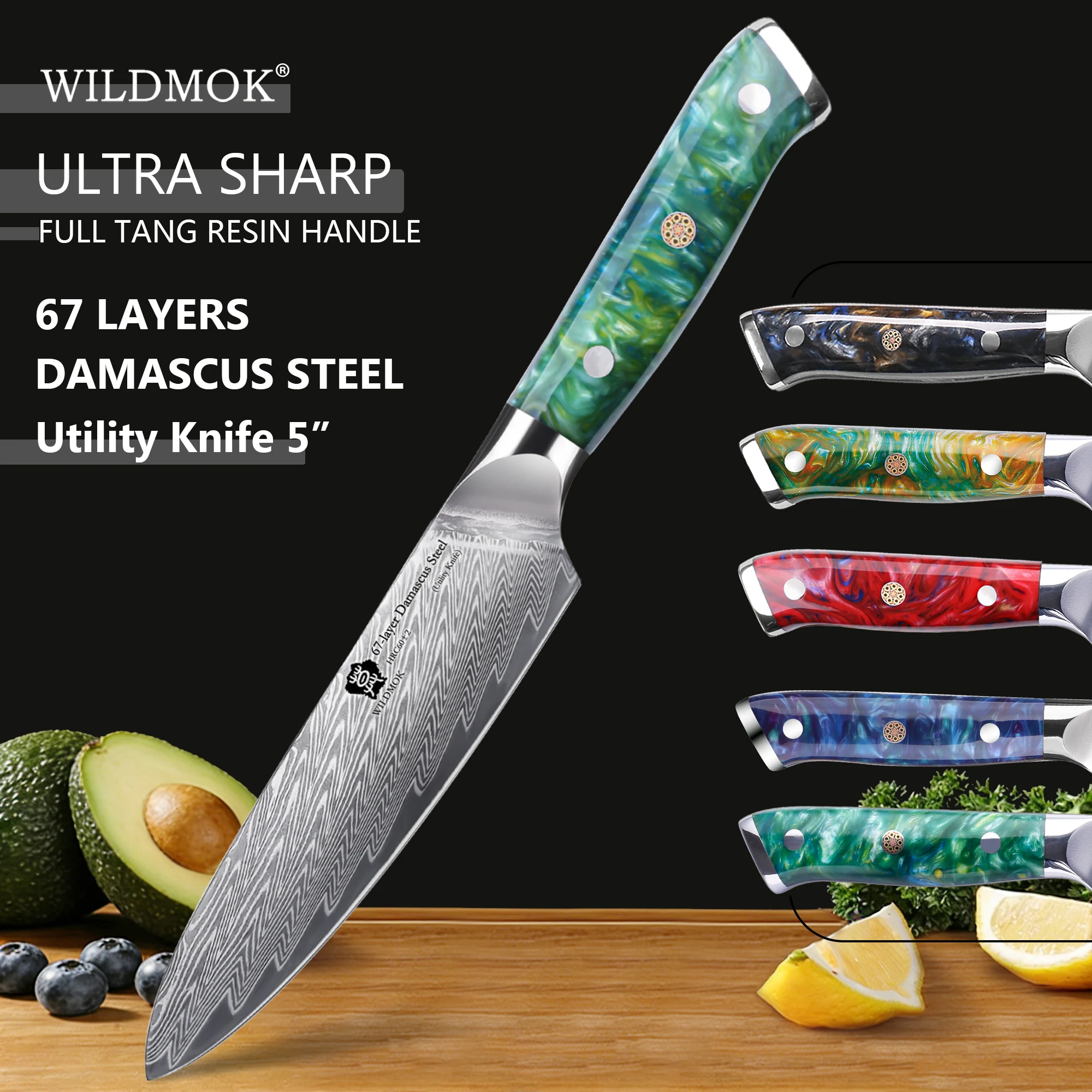 WILDMOK 5 Inch 67 Layer VG10 Damascus Utility Knife, Multipurpose Kitchen Knife with Resin Handle for Peeling & Dicing