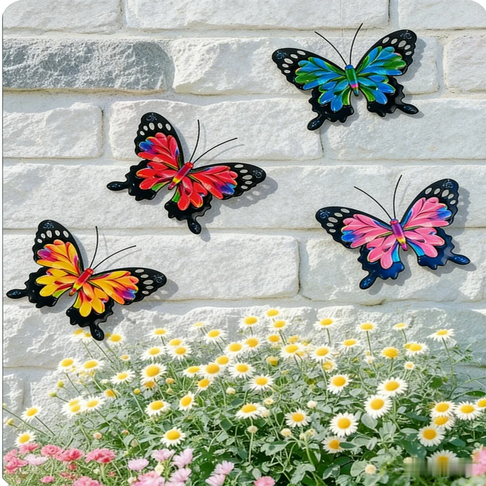 4-Piece Set of Gradient-Colored Wrought Iron Butterfly Wall Hangings for Indoor Wall Decor and Outdoor Garden Fence Wall Decor