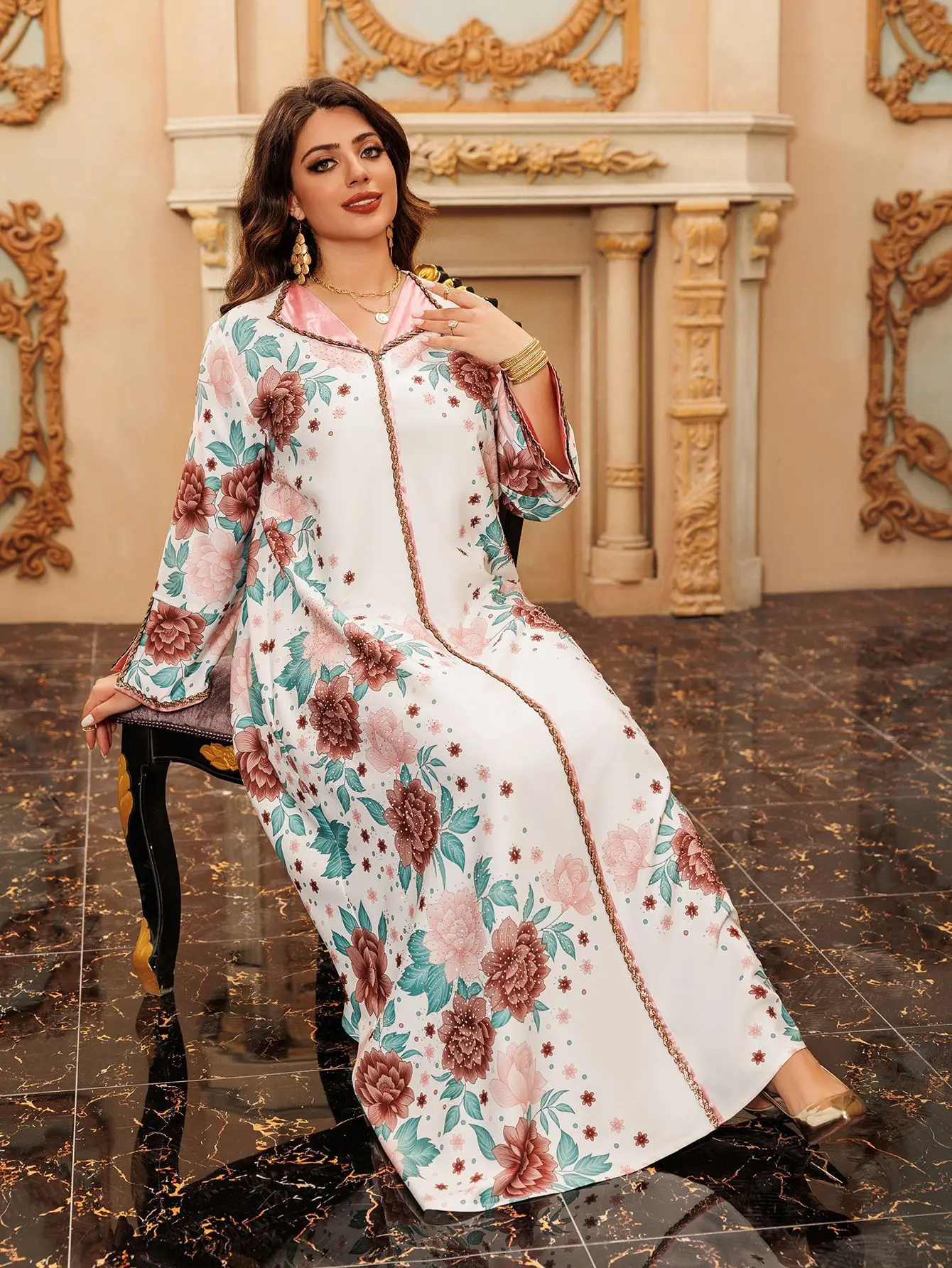 Eid Diamonds Abayas for Women Muslim Print Dress Lapel Jalabiya Morocco Kaftan Dubai Turkey Robe Djellaba Islam Clothing Caftan