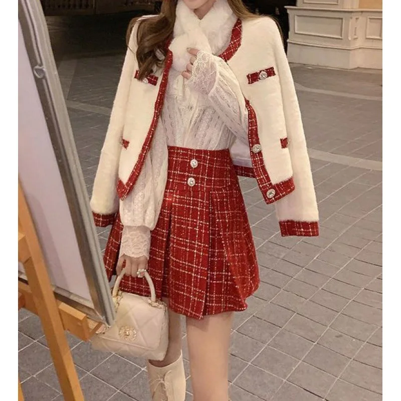 Winter Christmas Women Red Matching Set Sweet Faux Fur Coat + Mini Plaid Pleated Skirt  2PCS Set Lolita Y2k Party Club Outfits