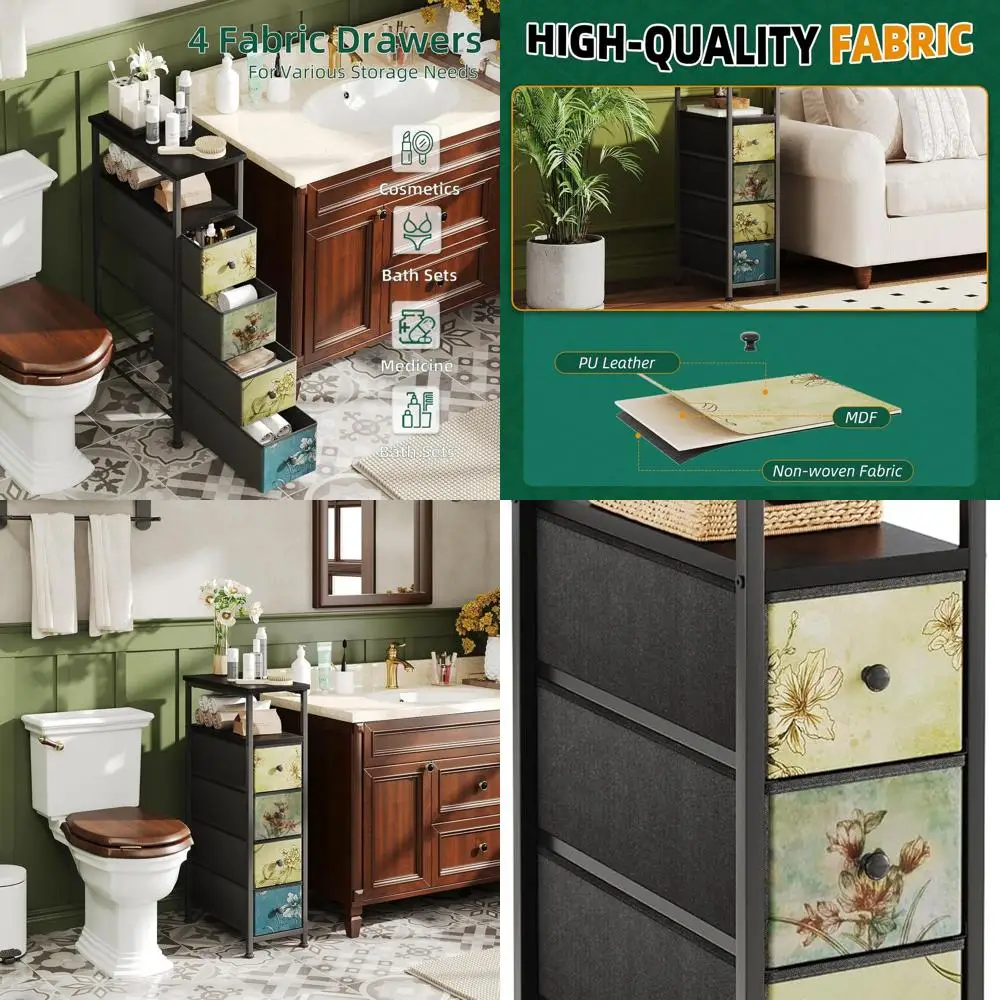 

Compact 4-Drawer Storage Tower for Small Spaces: Slim Retro Flower Dresser for Bedroom, Bathroom, and Closet (Black)