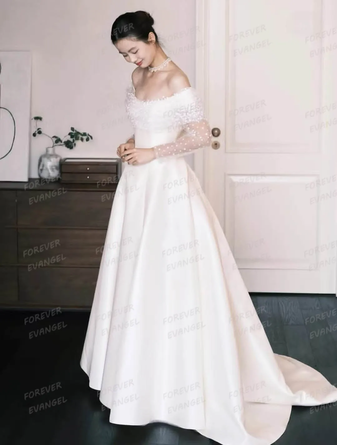 فساتين زفاف بسيطة للمرأة على شكل حرف A بدون أكتاف فساتين العروس رسمية من الساتان بأكمام طويلة رسمية 2026 مخصصة فيستدوس دي نوفيا #3