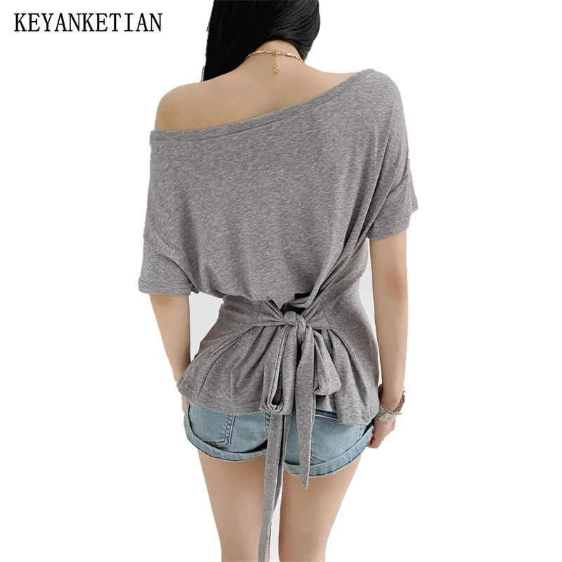 

KEYANKETIAN Summer New Women's Slant Neck Off Shoulder Short Sleeve Waist Strap T-shirt Women Top