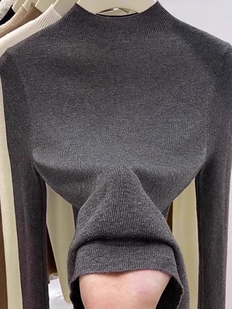 

Slim Fit Long Sve f Высокий воротник Чистый цвет Повседневная трикотажная основа irt Корейский модный тонкий топ для отдыха