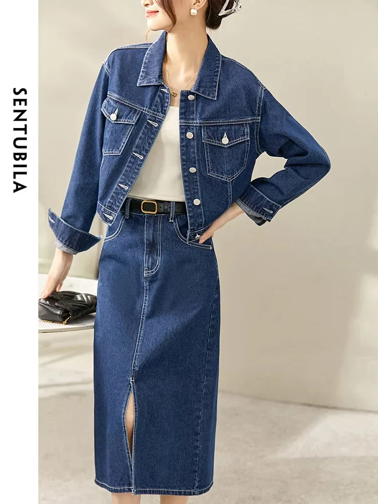 SENTUBILA Denim Two Piece Sets Women 2024 Spring Outfits Casual Fashion Crop Jacket Midi Split Skirt Matching Sets W31Z48578X