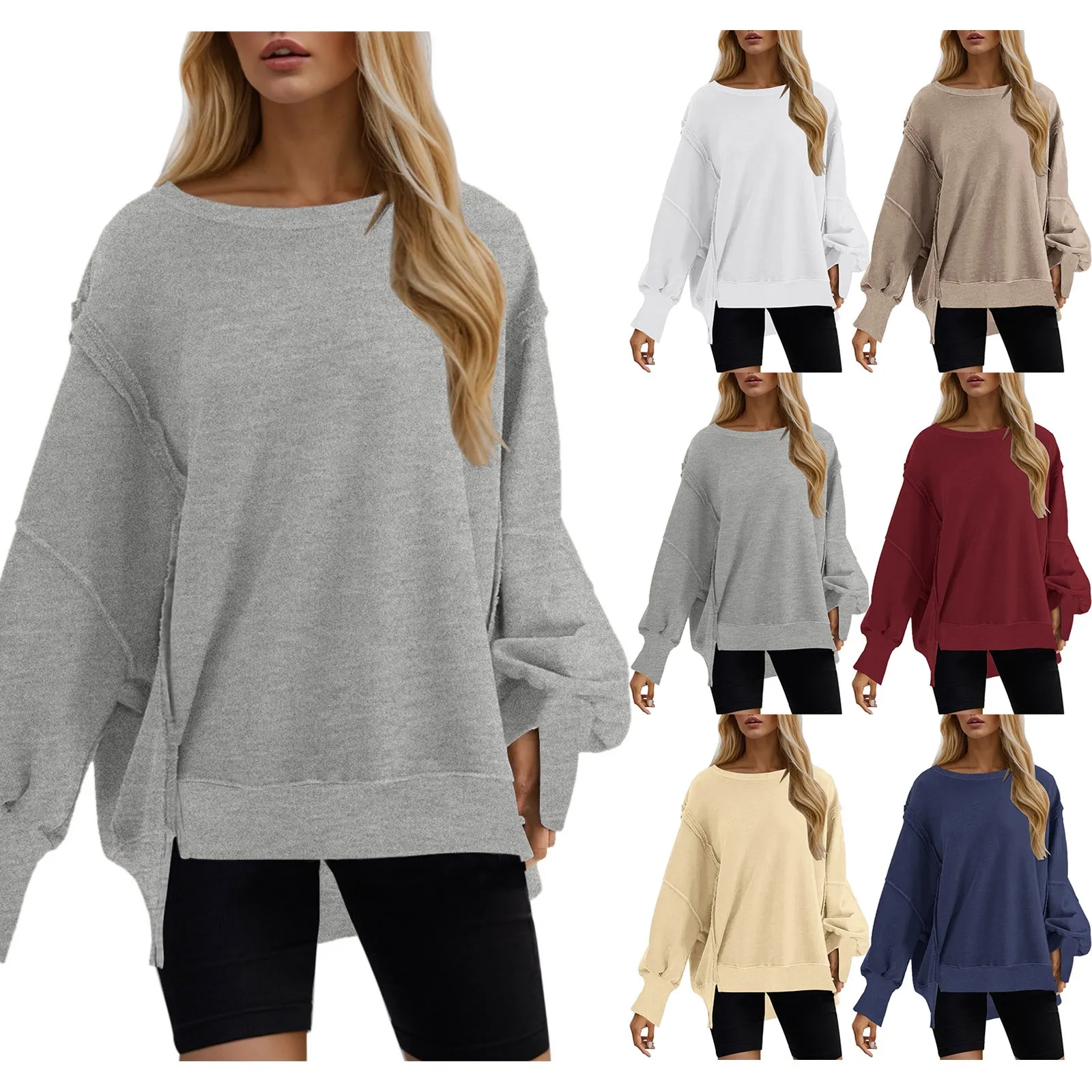 Felpa quotidiana da donna Girocollo oversize Tinta unita Pullover casual Top Mujer Split Manica lunga Primavera Autunno T-shirt