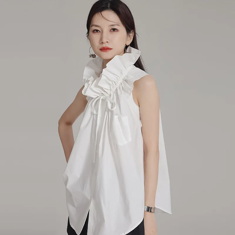 2024 Summer New Show Palace Style 3D Pinched Flower Sleeveless Women's Shirt Unique Drawstring Shirt