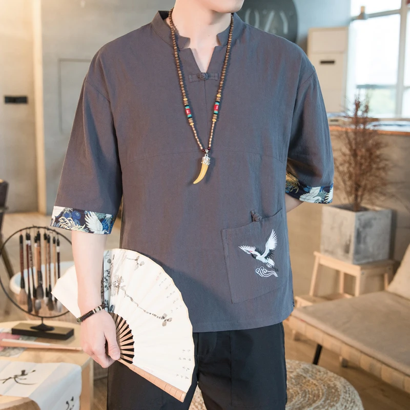 2024 New Men\'s Casual Blouse Cotton Linen Shirt Loose Tops Short Sleeve Chinese Clothing Summer Casual Handsome Men\'s Hanfu Coat