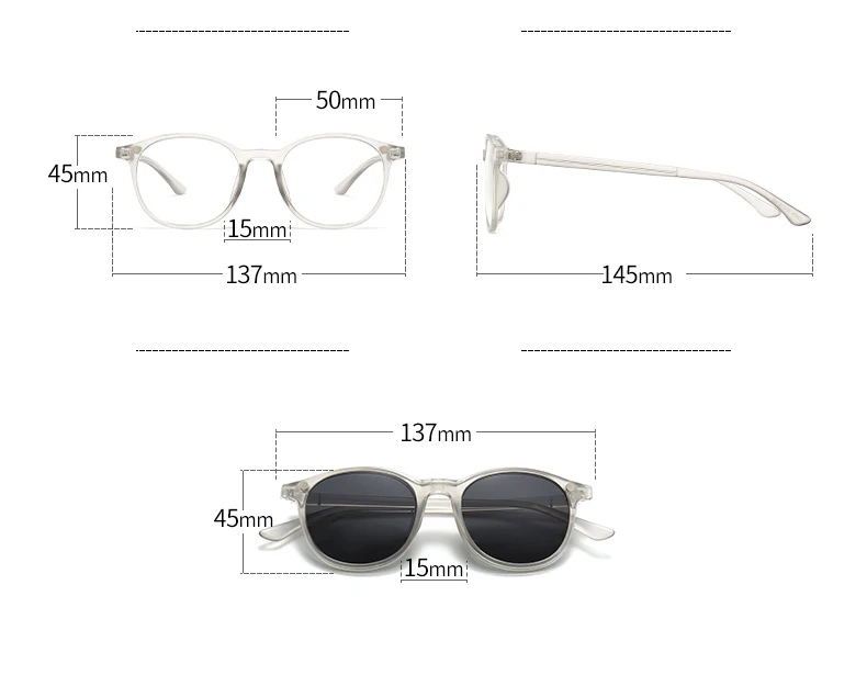 Vcka transparenten Rahmen Frauen Myopie Sonnenbrille 6 in 1 Magnet clip Brille runde Männer polarisierte verschreibung pflicht ige Brille-0.5 ~-6,0 – Detail 4