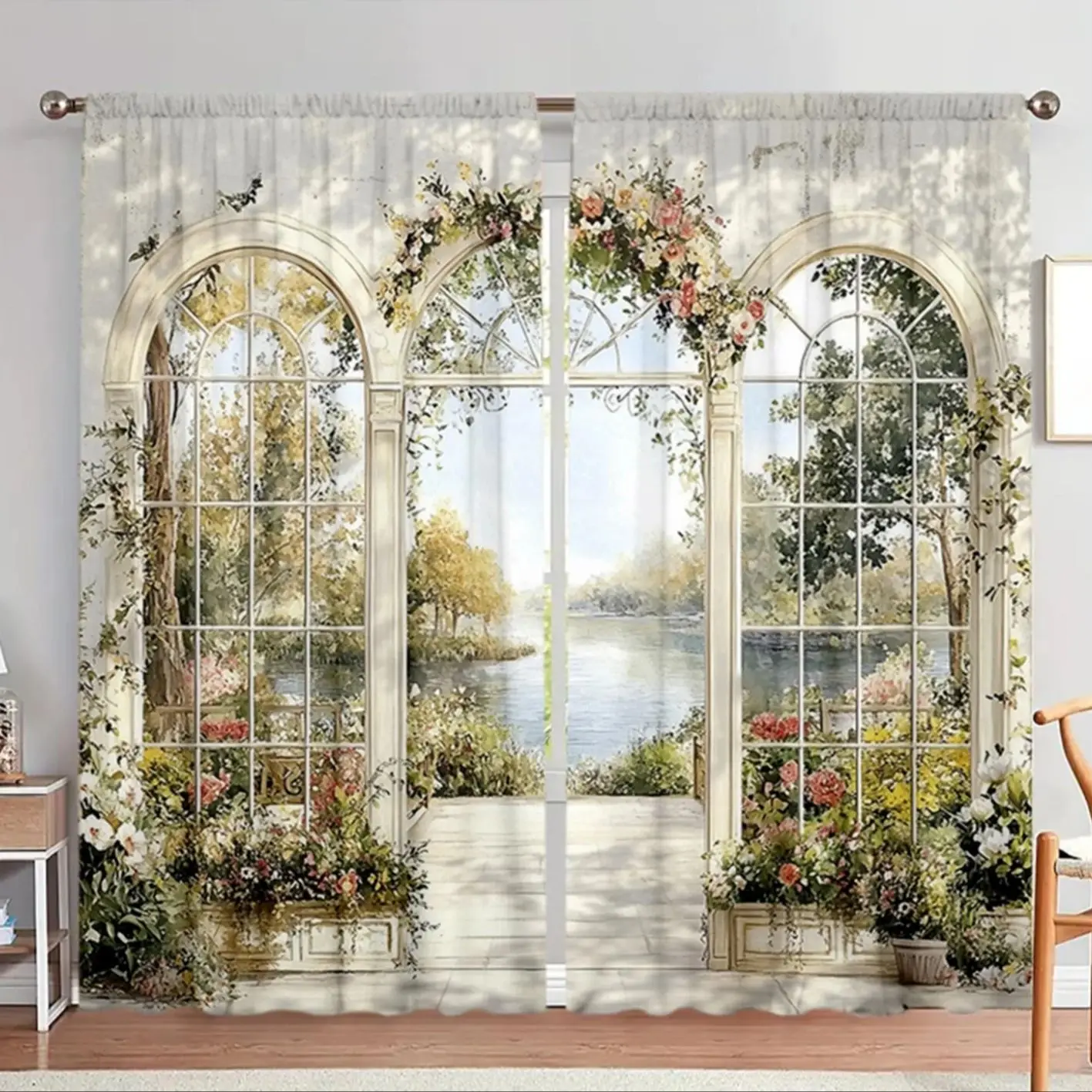 2PC French Garden Arch Sheer Curtains - Watercolor Landscape Print Window Drapes for Living Room Bedroom Decor