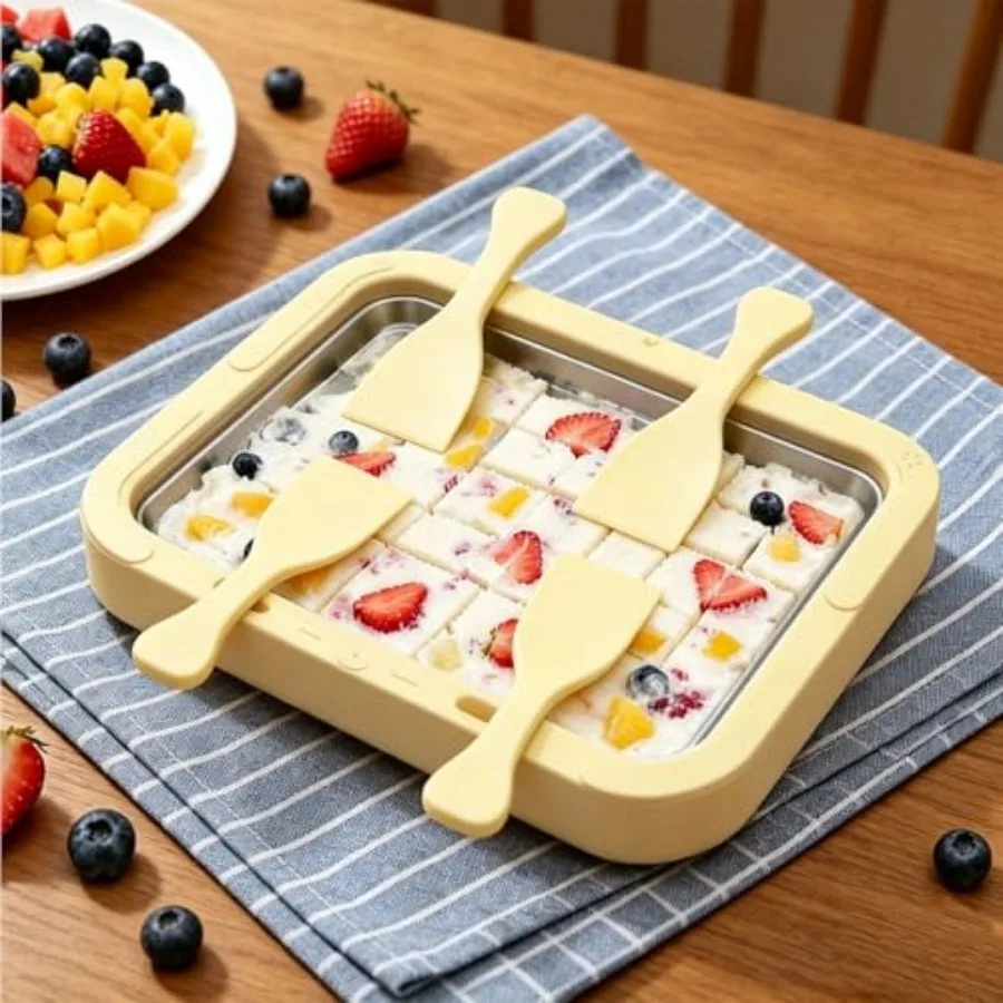 

Instant Ice Cream Maker, Stainless Steel Rolled Ice Cream Maker with 4 Scrapers and Transparent Cover, DIY Homemade Frozen Yogu