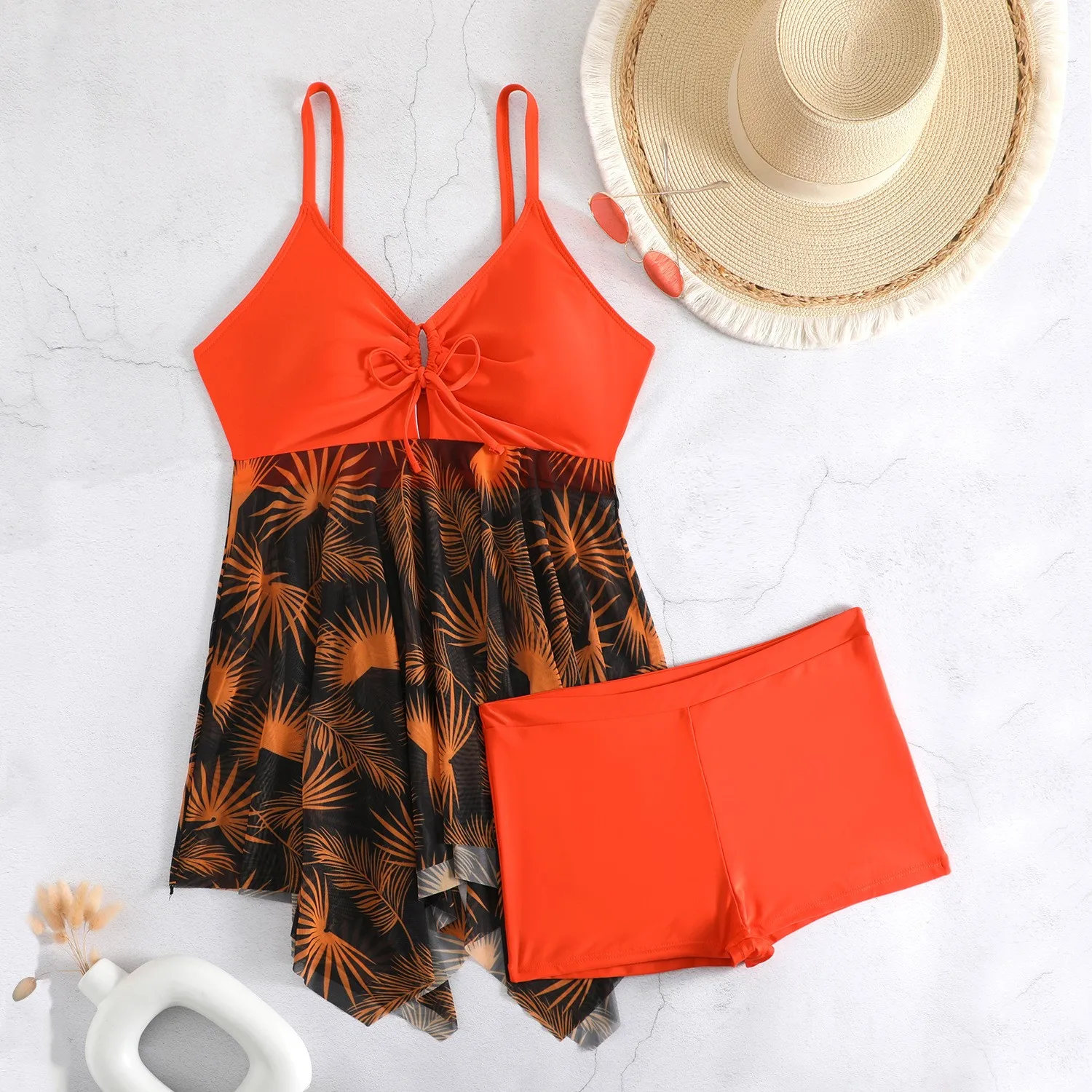 Women Tankini Sleeveless V Neck Tankini Top Plus Size High Waist Shorts Two Piece Swimsuit Floral Print Swim Tankini Swimwear view 2