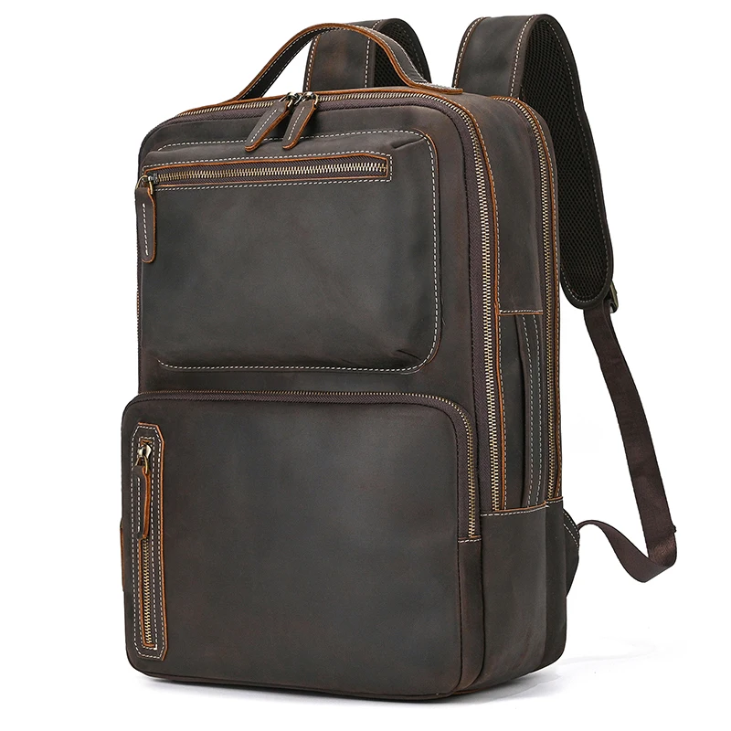 Vintage Genuine leather Men's Backpack Double Layer Bagpack Crazy Horse Heather Laptop Bag Handmade Cow Leather Travel Backpack