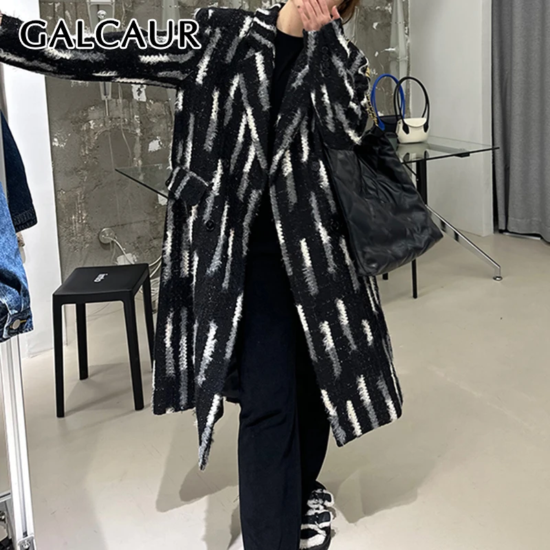 

GALCAUR Plaid Design Winter Women Outwear Lapel Long Sleeve Patchwork Single Breasted Office Fashion Style Wool Coats Female New