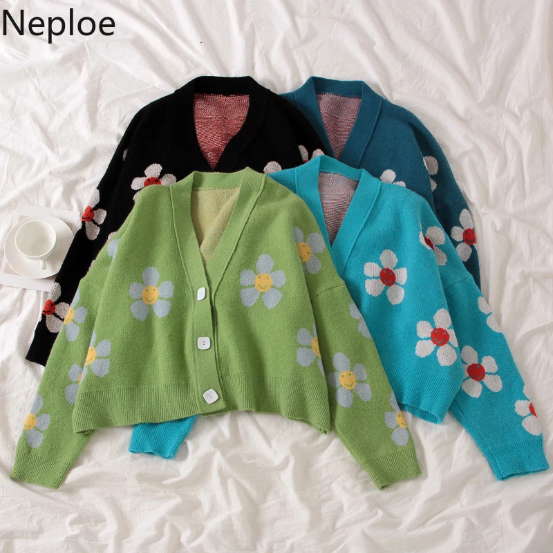 Neploe Preppy Style Flower Knit Cardigans Sweater Women V Neck Loose elegaht Thicked Pull Femme Print Short Casual Coat 46565