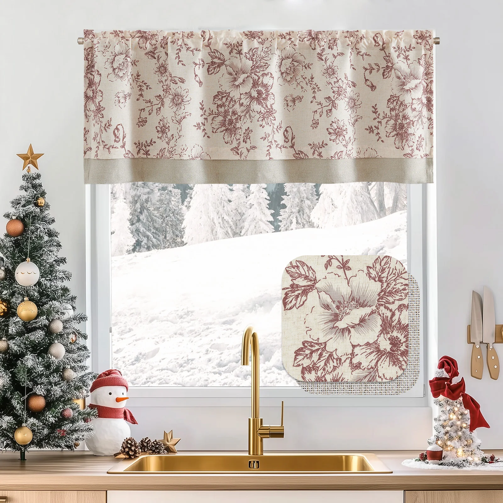 JINCHAN Double Layer Kitchen Curtains Linen Floral Valance Short Window Curtain For Living Room Cafe Farmhouse Room Darkening