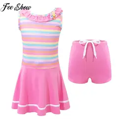 Kids Girls Sleeveless Stripes Print Swim Dress Swimsuit Scoop Neck Swim Shorts Set Bathing Suit Pool Beach Rash Guard Swimwear