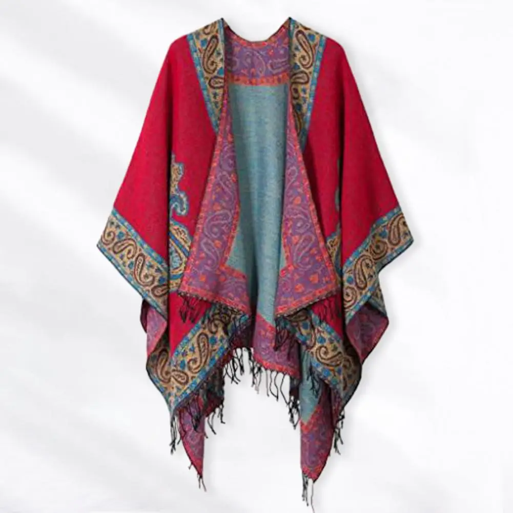 Women Shawl Vintage Print Tassel Irregular Hem Loose Imitation Cashmere Open Sticth Fall Winter Cape Poncho