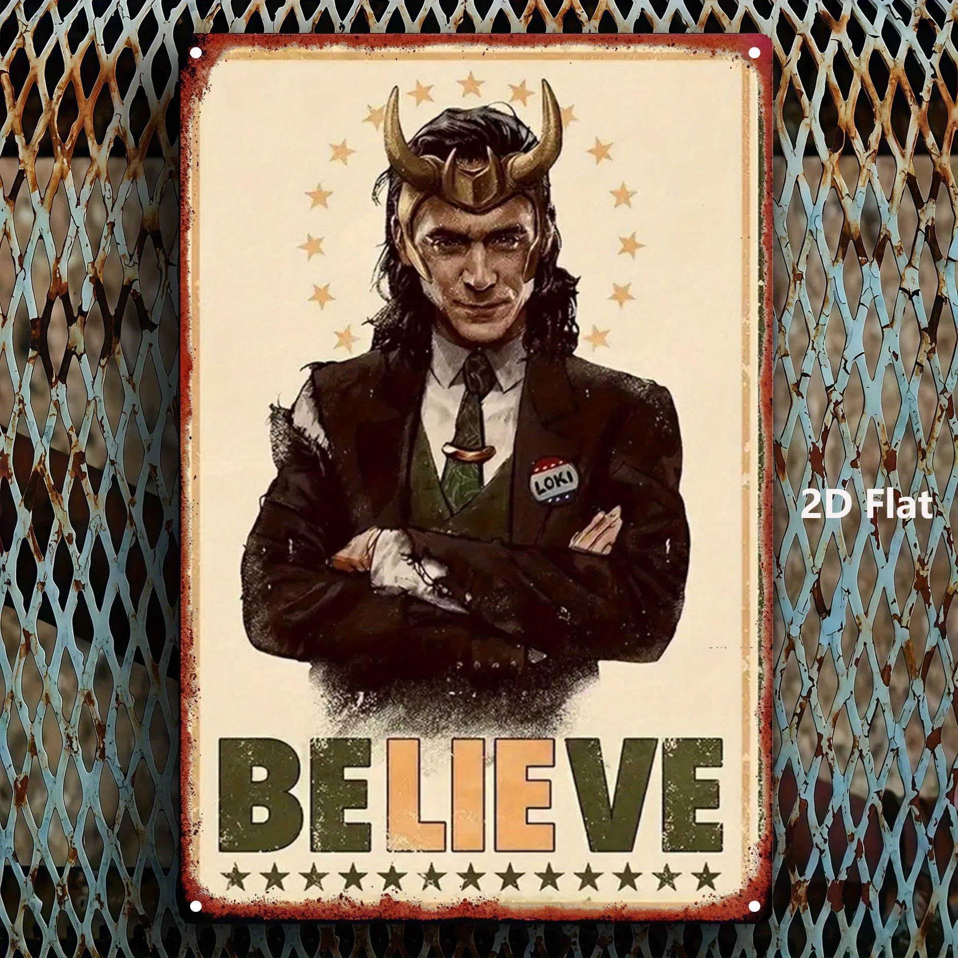 قطعة واحدة من ملصق الحائط المعدني من MARVEL - "Thor'S Hammer & Loki: Marvel Heroes Series" (20.32 سم × 30.48 سم) - ديكو مستوحى من الطراز العتيق