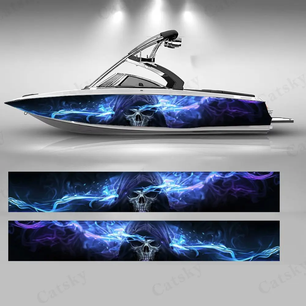 

Blue Flame Skull Boat Stickers, PVC Waterproof Durable Vinyl Wrap Decals for Fishing Boats, Durable and Stylish Graphic Design f