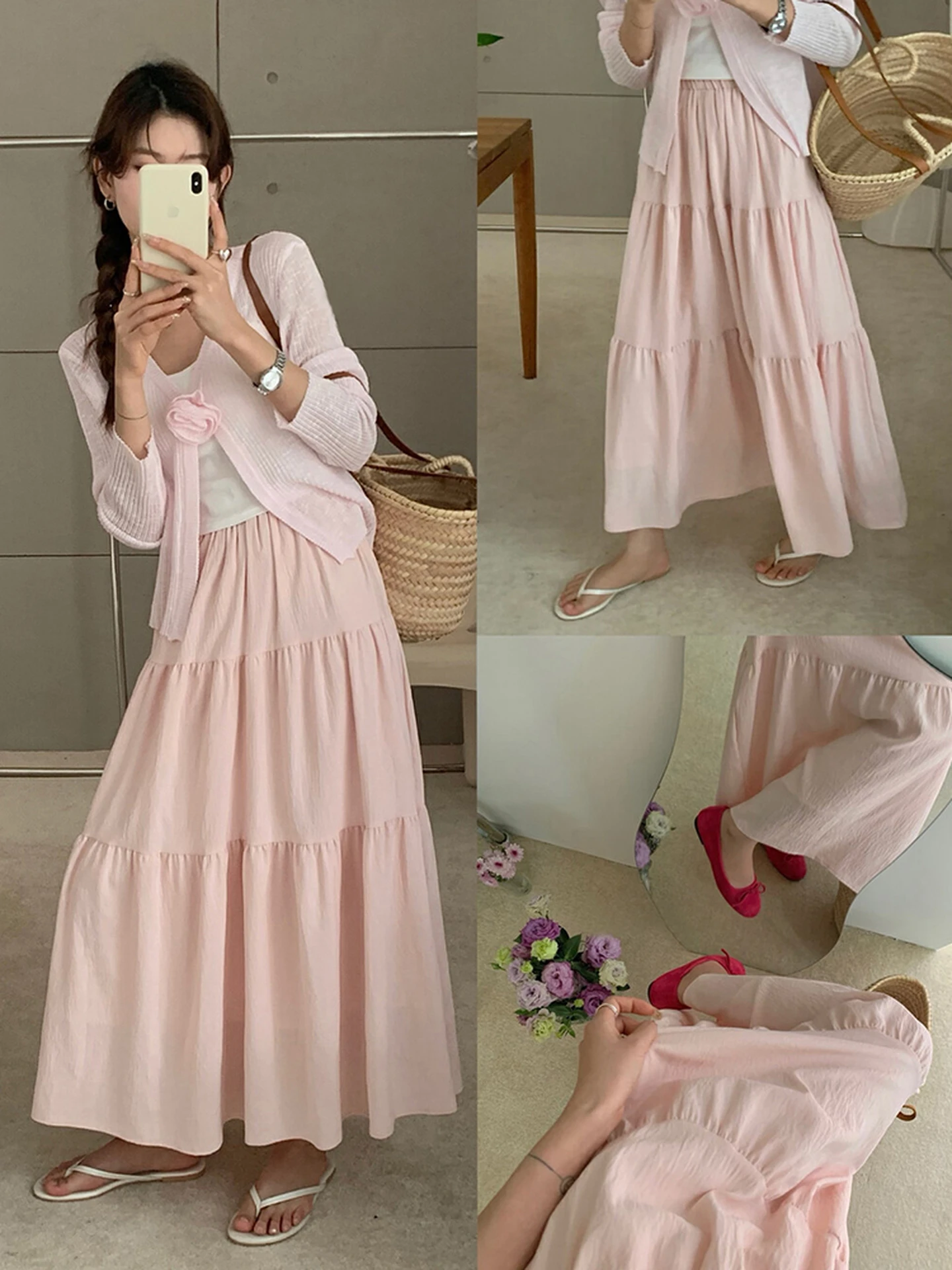 

Розовый вязаный кардиган с цветочным узором для женщин, тонкая верхняя одежда на весну-осень, дизайнерская вязаная кофта для дам