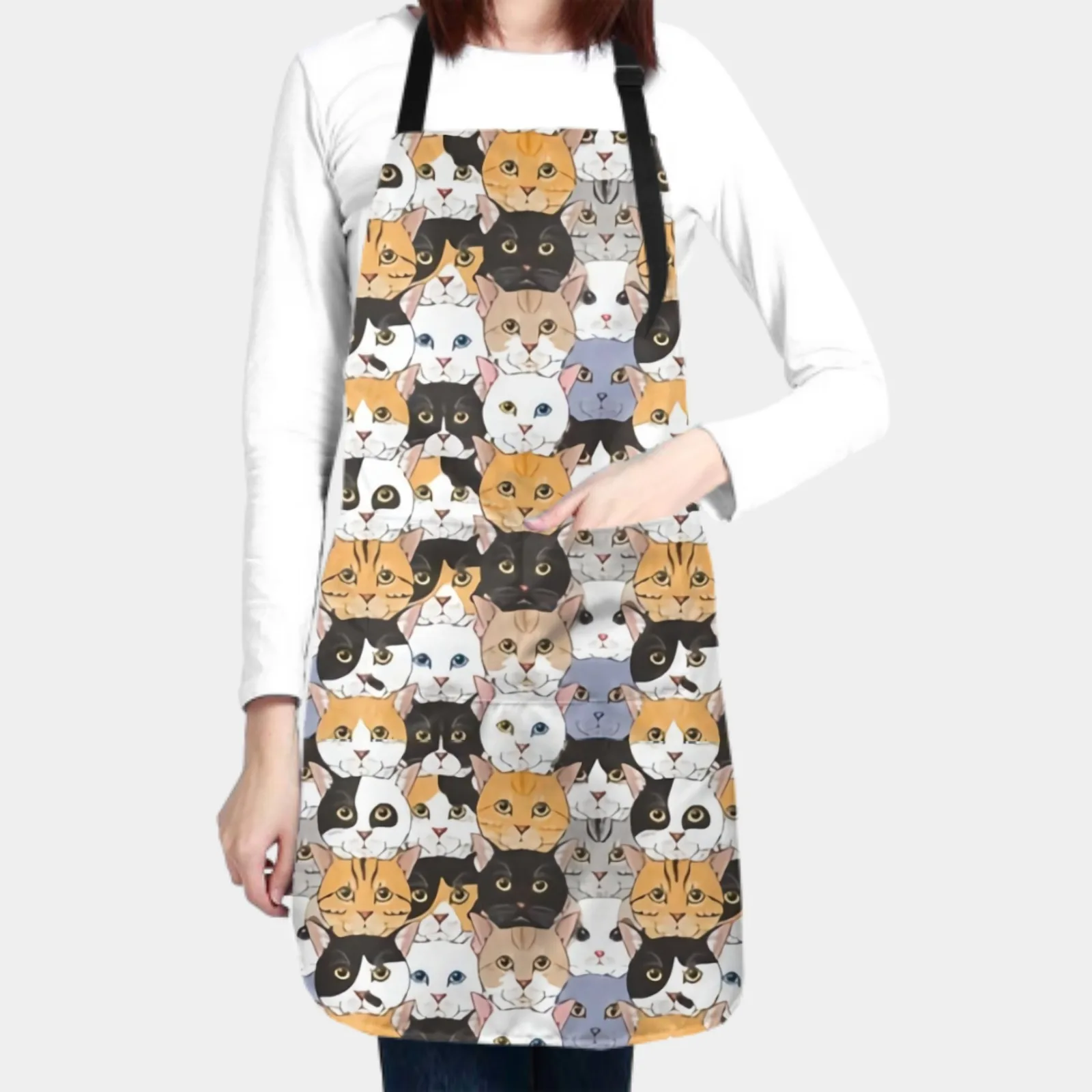 Cute Cat Waterproof Apron with 2 Pockets Kitchen Chef Apron Colorful Apron for Hair Brushing Cooking Baking Painting Gardening