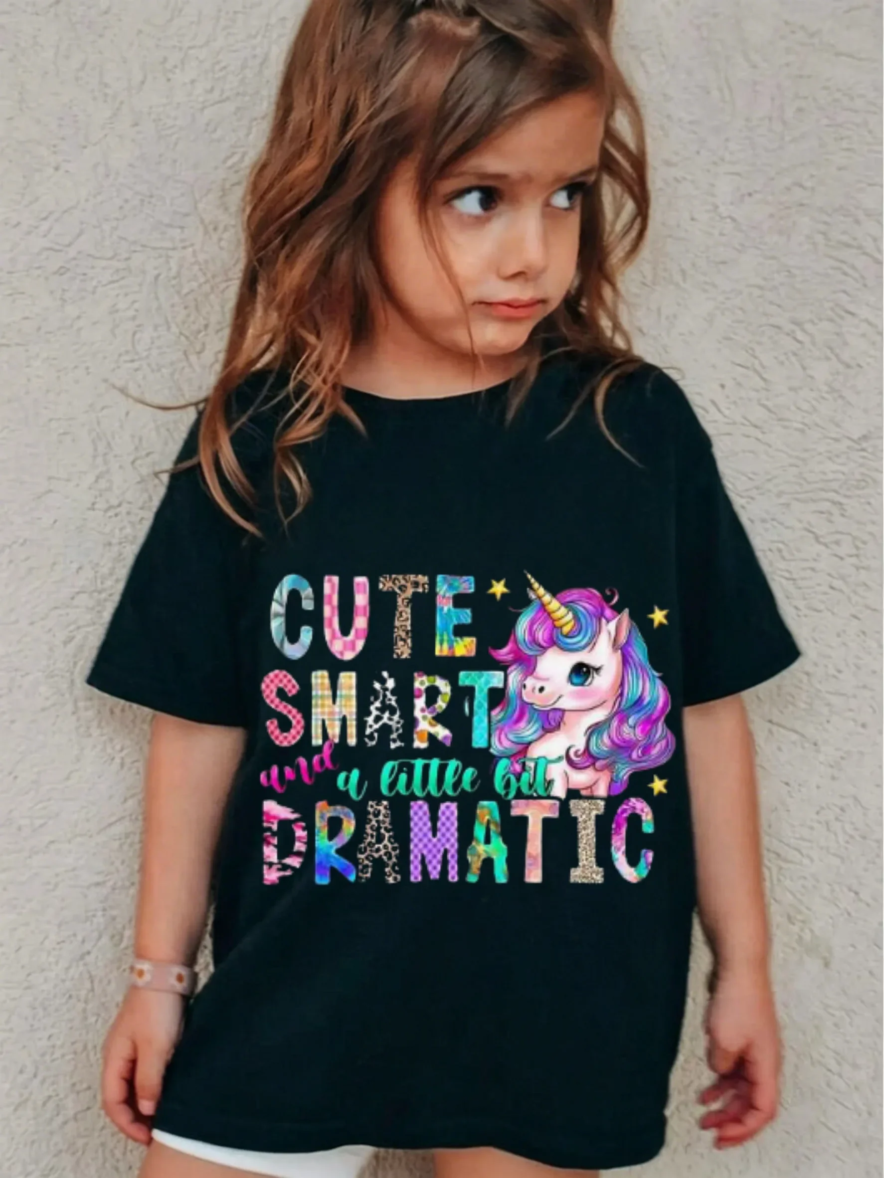 Rainbow Unicorn Kids T-shirt, Cute Smart & Slightly Dramatic Printed Round Neck Short Sleeve Tee for Girls