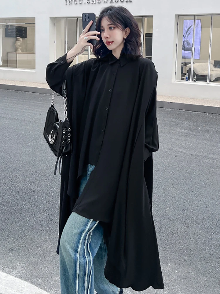 [EAM] Women Black Big Size Irregualr Shirt Dress New Lapel Long Sleeve Loose Fit Fashion Tide Spring Autumn 2024 1DH4289