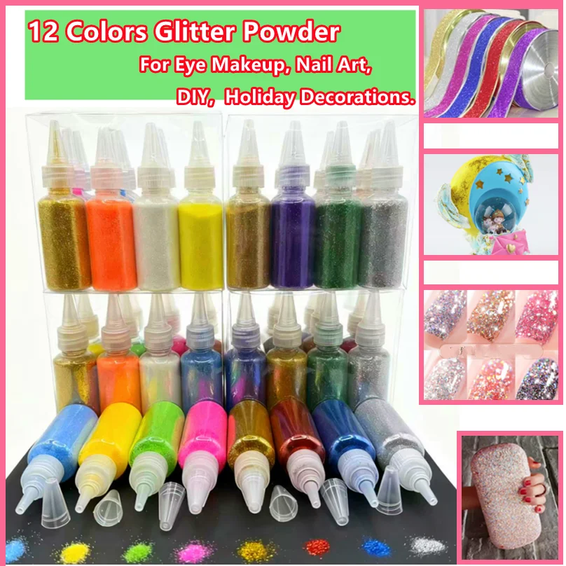 

12 Colors Fine Glitter Powder Shining Rainbow Powder for Nail Art Pigment Glitter, Makeup, DIY, Holiday Decorations