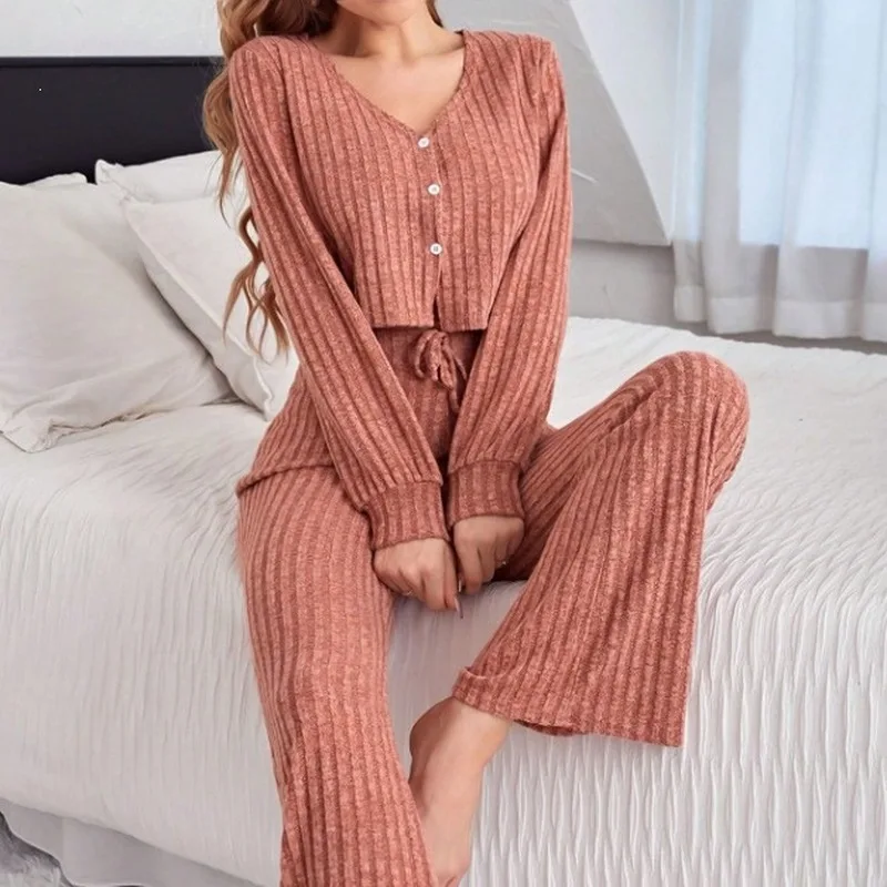 Women V Neck Long Sleeve Top And Pants Two Piece Loungewear Set Autumn Winter Soft Skin Friendly Cozy Sleepwear For Home Daily W