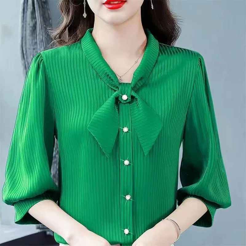 Elegant Solid Chiffon Shirt Three Quarter Sleeved Summer New Style Office Lady Bow V-Neck Striped Print Patchwork Button Blouse