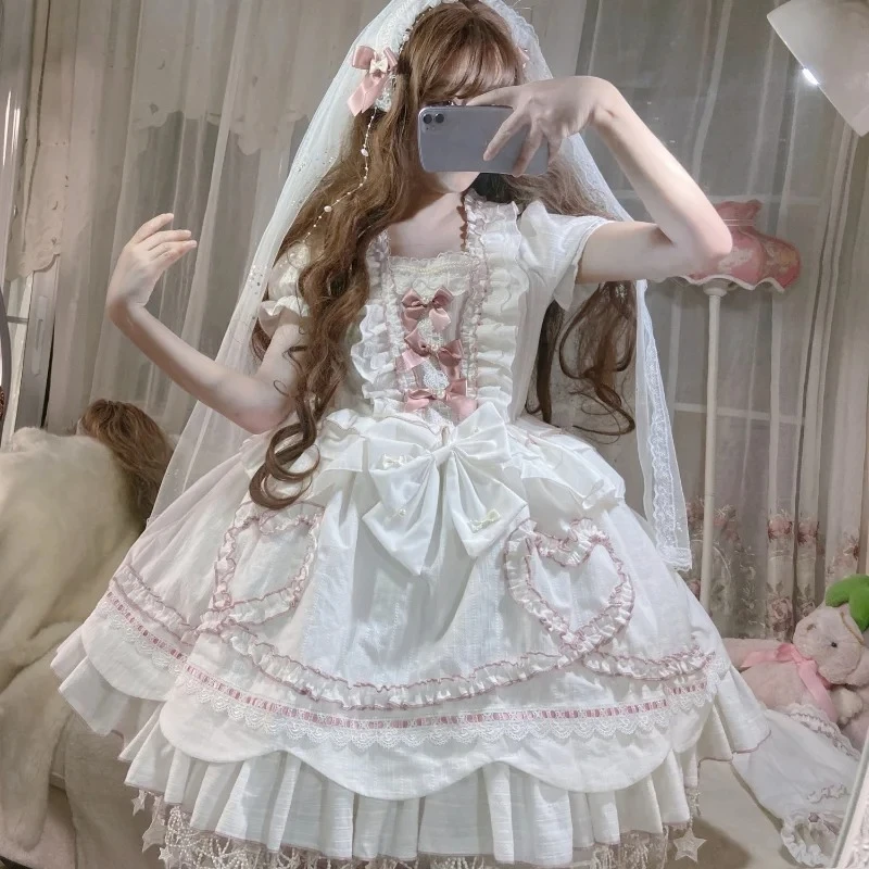 

Милое свадебное платье Лолиты, викторианское женское винтажное платье с бантом и оборками, цветы, кавайные платья принцессы, элегантное белое платье Лолиты