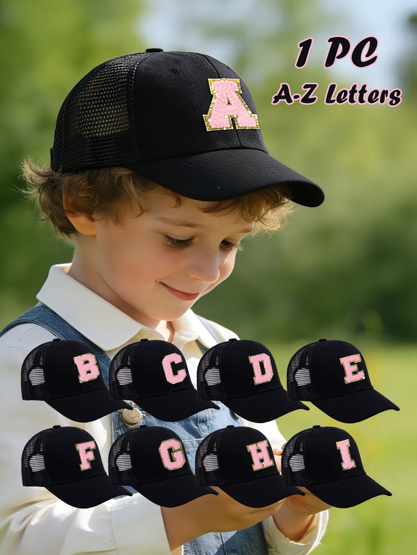 

Детская черная сетчатая кепка с принтом 26 букв, детская бейсбольная кепка унисекс с козырьком от солнца, подходит для активного отдыха и повседневной носки, размер S.