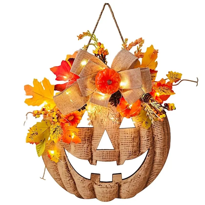 ABGH-Pumpkin Sign Funny Shape For Fall Harvest Thanksgiving Halloween Wooden Doorplate Pendant With Lamp