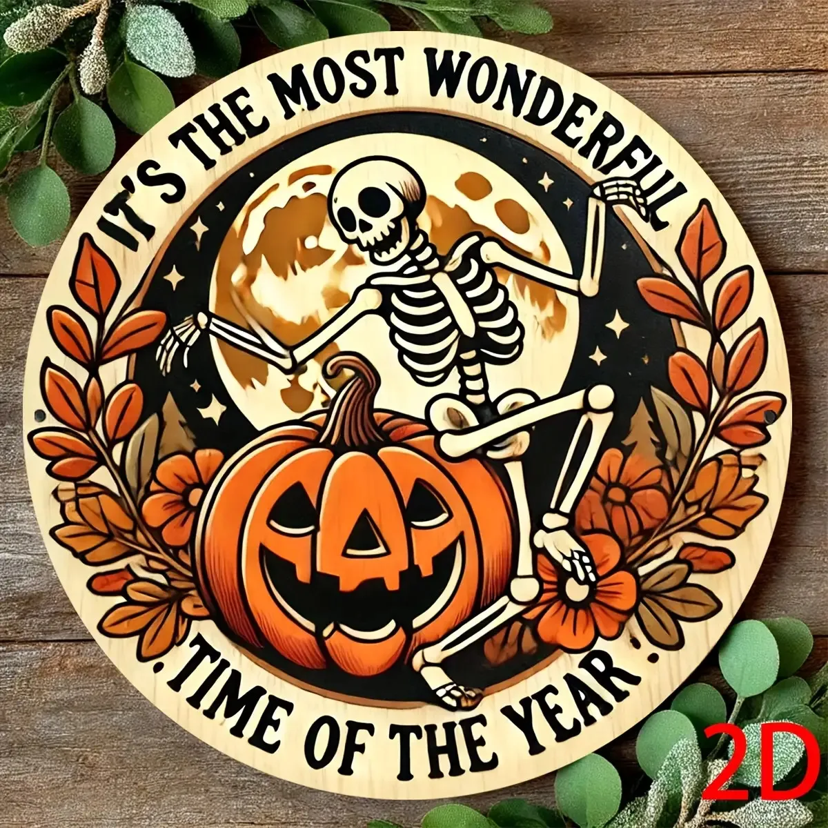 2D Flat 2D Flat, Round Wooden Wall Decor - Vintage Halloween Decor with Skull Pumpkin And Floral Pattern, Handcrafted Wooden Sig