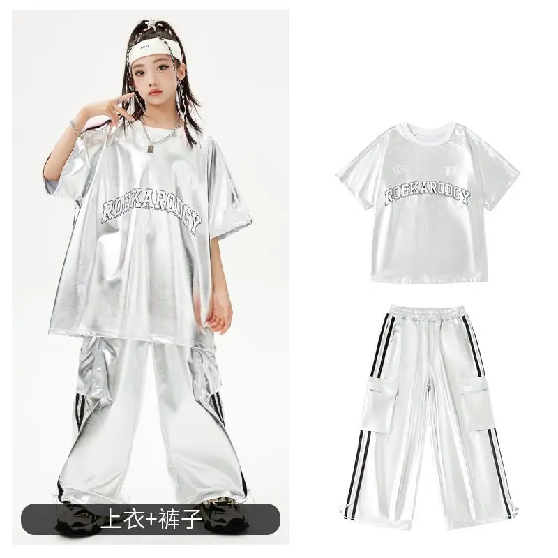 Boys Hip Hop Silver T-shirt Street Dance K-pop Cargo Pants Girls PU Leather Clothes Set Child Shiny Streetwear Kids Jazz Costume image 6
