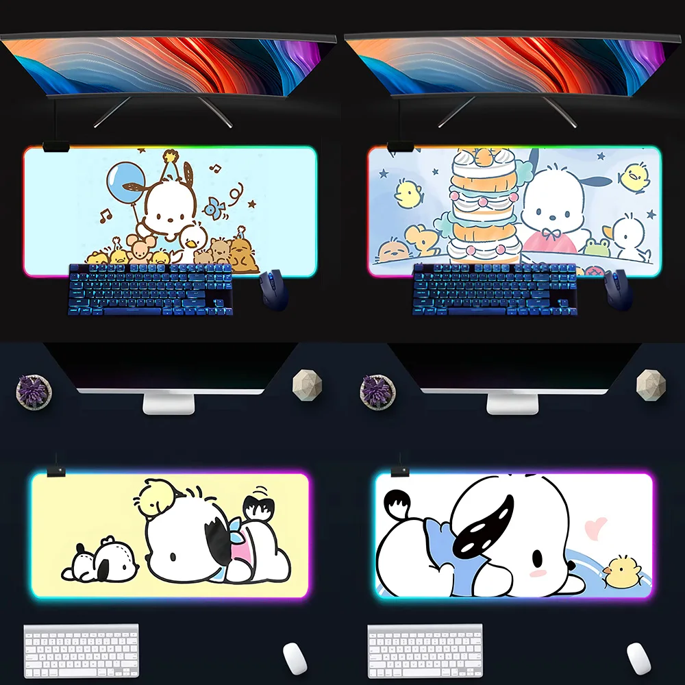 Cute cartoon Pochacco RGB Pc Gamer Keyboard Mouse Pad Mousepad LED Glowing Mouse Mats Rubber Gaming Computer Mausepad